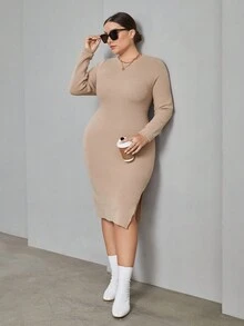 SHEIN Essnce Talla grande Vestido de punto ajustado de muslo con abertura tejido de canalé - Caqui - Ver 5