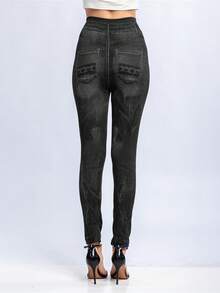 Denim Effect Leggings - Black - View 2