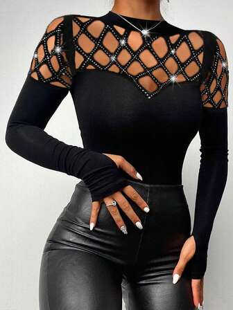 ChicMe Hollow Out Rhinestone Slim Fit Tops Elegant Fashion Casual Wear
