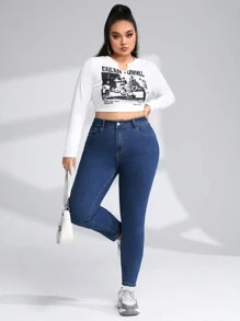 SHEIN EZwear Plus Zipper Fly Skinny Jeans - Dark Wash - View 5