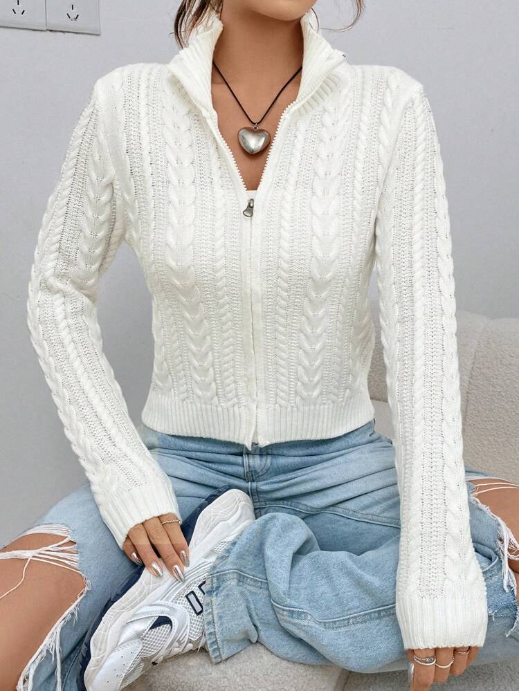 Cable Knit Zip Up Cardigan,Ladies Spring/Fall Casual Cable-Knit,Zipper Regular Sleeve Stand Collar Regular Fit White Plain Women Cardigans,Casual Daily Wear,Long Sleeve Tops,Knitted Sweater