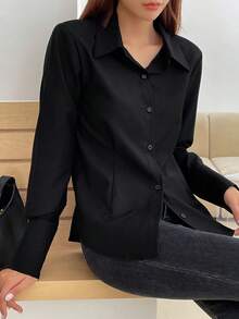 DAZY Áo sơ mi cài khuy chắc chắn phía trước - màu đen - Xem 6