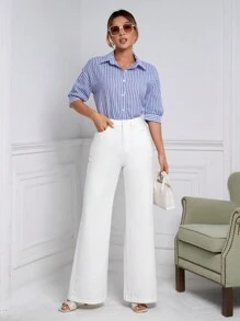 SHEIN Frenchy 高腰闊腿牛仔褲 - 白色 - 查看 3