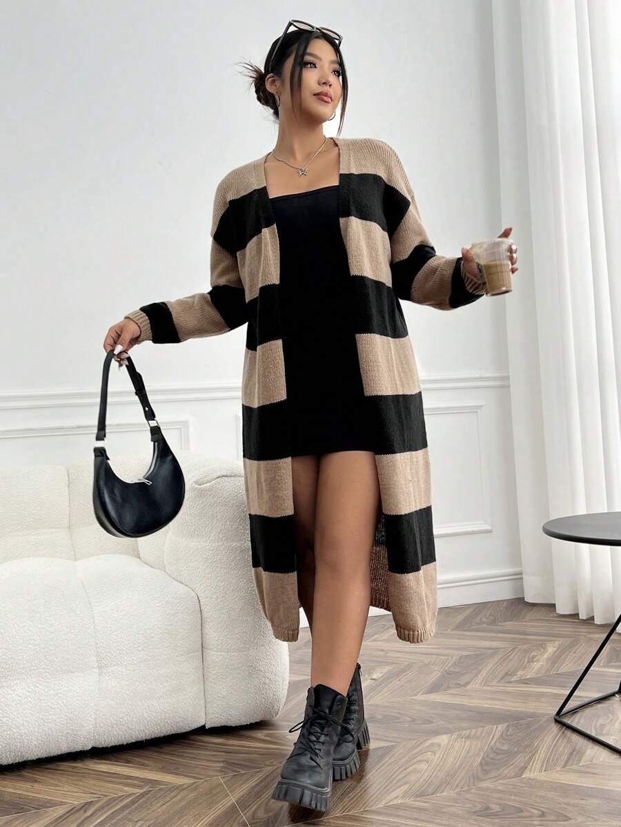 SHEIN LUNE Plus Size Two Tone Drop Shoulder Cardigan - Multicolor - View 1