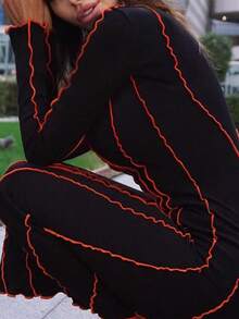 撞色滾邊修身洋裝 - 黑色 - 查看 4