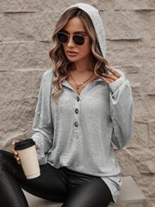 SHEIN LUNE 半鈕扣落肩抽繩連帽衫 - 灰色 - 查看 4