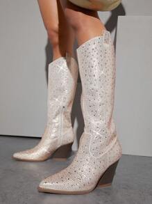 SHUZIA Rhinestone Faux Leather Knee High Boots - Champagne - View 6