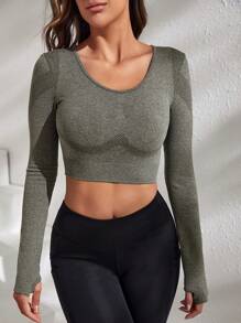 Easithlete Solid Crop Sports Tee With Thumbholes - Grey - View 6