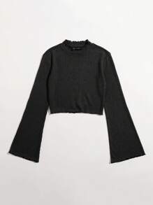 SHEIN EZwear 荷葉邊袖褶邊T恤 - 黑色 - 查看 4