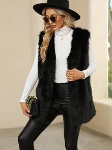 Elegant Women Black Faux Fur Vest Sleeveless Regular Length V Neck Jacket Stylish And Comfortable For Any Occasion - Black - View 4