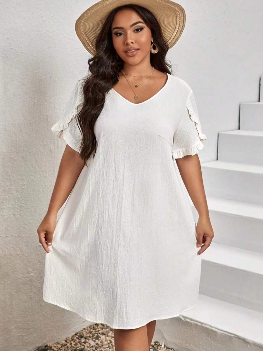 SHEIN LUNE 大碼素色荷葉邊連衣裙 - 白色 - 查看 1