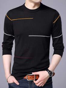 Men's Crew Neck Long Sleeve Contrast Color Striped Knitted Sweater, Light Weight For Spring And Autumn - Black - View 4