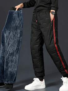 Men Letter Graphic Thermal Lined Drawstring Waist Pants, Fall/Winter - Black - View 3