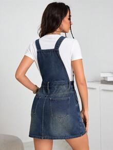 SHEIN EZwear 貼袋連體牛仔洋裝（無T恤） - 藍色 - 查看 2