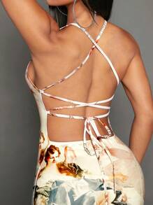 SHEIN SXY Tropical Print Crisscross Tie Backless Split Thigh Cami Dress - Multicolor - View 4