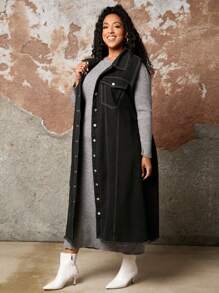 SHEIN CURVE+ 加蓋袋毛邊牛仔背心夾克 - 黑色 - 查看 3