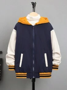 SHEIN Ragazzo Tween 1 pezzo Giacca varsity con grafica slogan color block spalle cadenti con cappuccio foderato termico