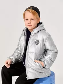 SHEIN Tween Boys' Casual Patch Hooded Warm Winter Parka Jacket, Thick Woven Solid-Color Outerwear - Silver - View 5