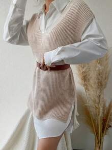EURMUSE 1pc Solid Sweater Vest Without Belt - Beige - View 3