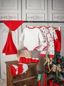 SHEIN 女嬰禮品套裝1入組聖誕圖案撞色滾邊連體衣和2入組圍兜和1雙手套ETC - 彩色 - 查看 2