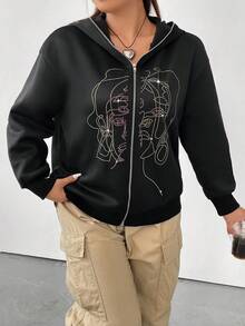 SHEIN Coolane Sudadera con cremallera con gráfico de figura de talla grande - Negro - Ver 3