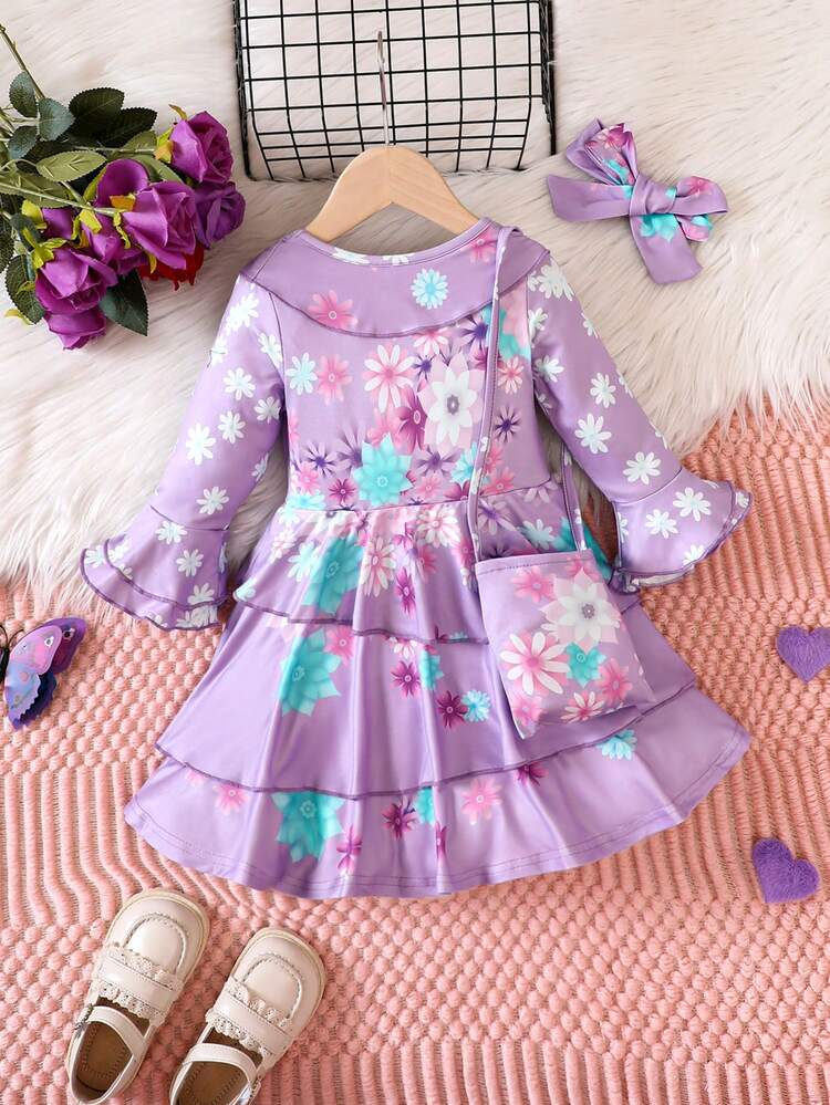 Baby Girl Floral Print Flare Sleeve Layer Hem Dress & Bag and Headband