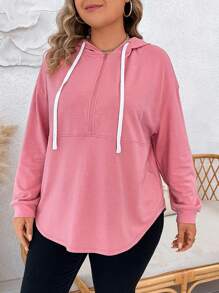 SHEIN LUNE Plus Size Half Zip Drop Shoulder Drawstring Sweatshirt - Hot Pink - View 3