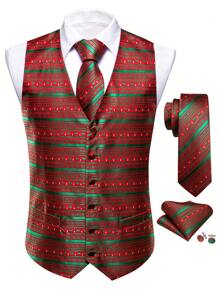 Men Plus 1pc Christmas Jacquard Waistcoat & 1pc Tie & 1pc Handkerchief & 1pair Cufflinks - Red - View 1