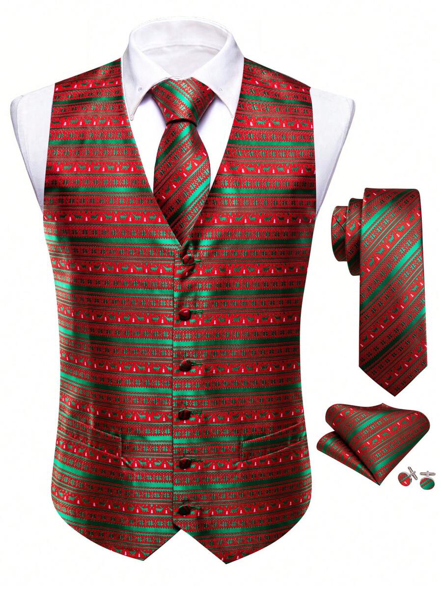 Men Plus 1pc Christmas Jacquard Waistcoat & 1pc Tie & 1pc Handkerchief & 1pair Cufflinks - Red - View 1