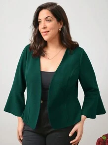 EMERY ROSE Plus Solid Open Front Blazer - Dark Green - View 1