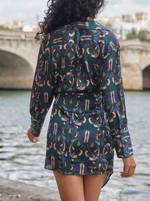 EURMUSE Allover Print Knot Side Wrap Dress - Multicolor - View 2