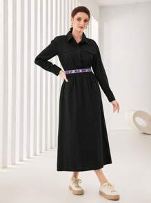 Seusyu Flap Detail Button Front Tape Shirt Dress - Black - View 4
