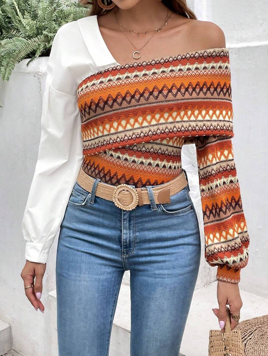 SHEIN VCAY Áo tay dài cổ bất đối xứng in hình Geo - Nhiều màu - Xem 1