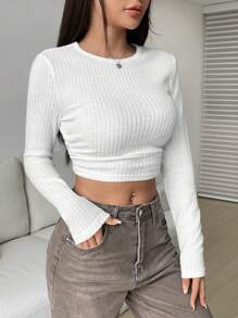 SHEIN EZwear Solid Ribbed Knit Crop Tee - White - View 3