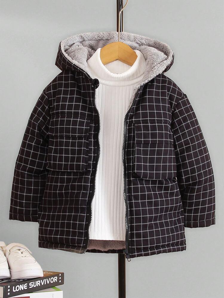 Young Boy 1pc Plaid Print Hooded Padded Coat