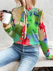 SHEIN LUNE 印花繫帶領襯衫 - 彩色 - 查看 5