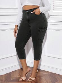 SHEIN Cộng với quần jean skinny có túi nắp lưng cao - Xám - Xem 1