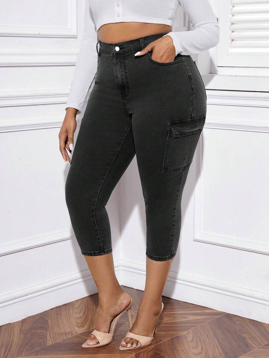 SHEIN Cộng với quần jean skinny có túi nắp lưng cao - Xám - Xem 1