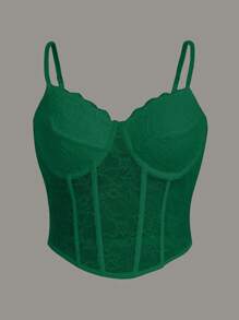 SHEIN ICON Plus Lace Boned Cami Top, Summer - Dark Green - View 1