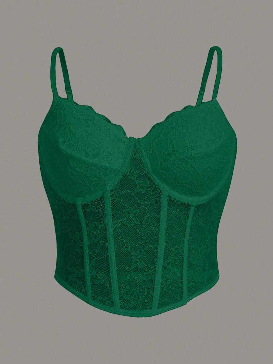 SHEIN ICON Plus Lace Boned Cami Top, Summer - Dark Green - View 1