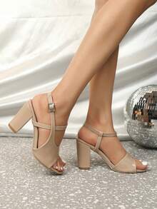 女式杏色露趾粗跟涼鞋，設計簡約而性感。非常適合聚會，舒適，讓你看起來更高、更白、更苗條 - 杏色 - 查看 3