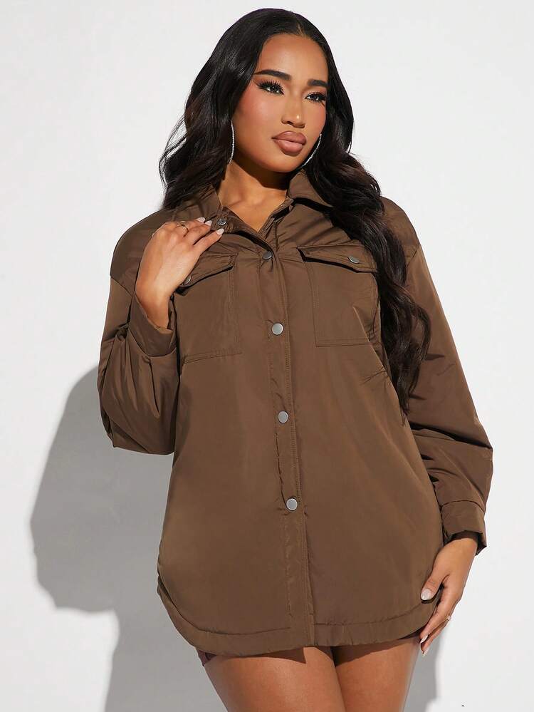 Flap Pocket Drop Shoulder Curved Hem Coat