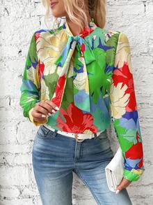 SHEIN LUNE 印花繫帶領襯衫 - 彩色 - 查看 3