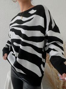 EURMUSE Zebra Striped Pattern Drop Shoulder Sweater - Black and White - View 4