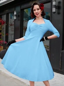 MUXXN 心形领口褶皱胸部喇叭裙摆连衣裙 - 淺藍色 - 查看 3