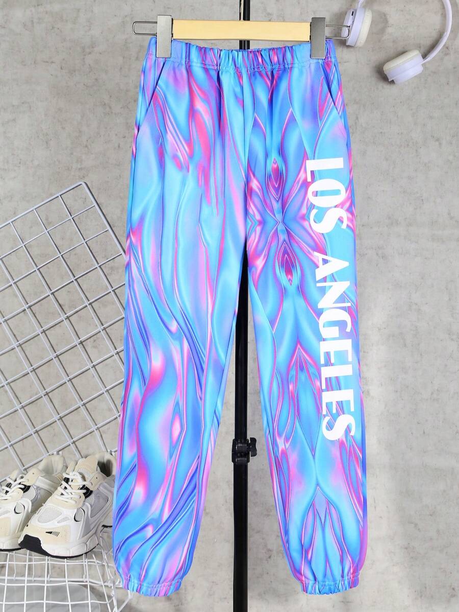 Tween Boy Letter Graphic Elastic Waist Sweatpants - Blue - View 1