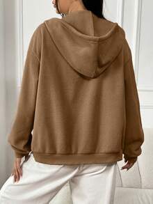 SHEIN EZwear 拉鍊落肩抽繩保暖襯裡連帽夾克 - 咖啡棕 - 查看 2