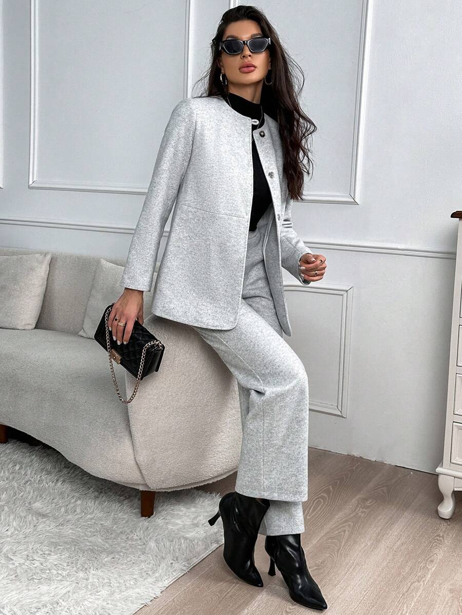 SHEIN Essnce Abrigo unicolor con botón delantero con pantalones - Gris Claro - Ver 1