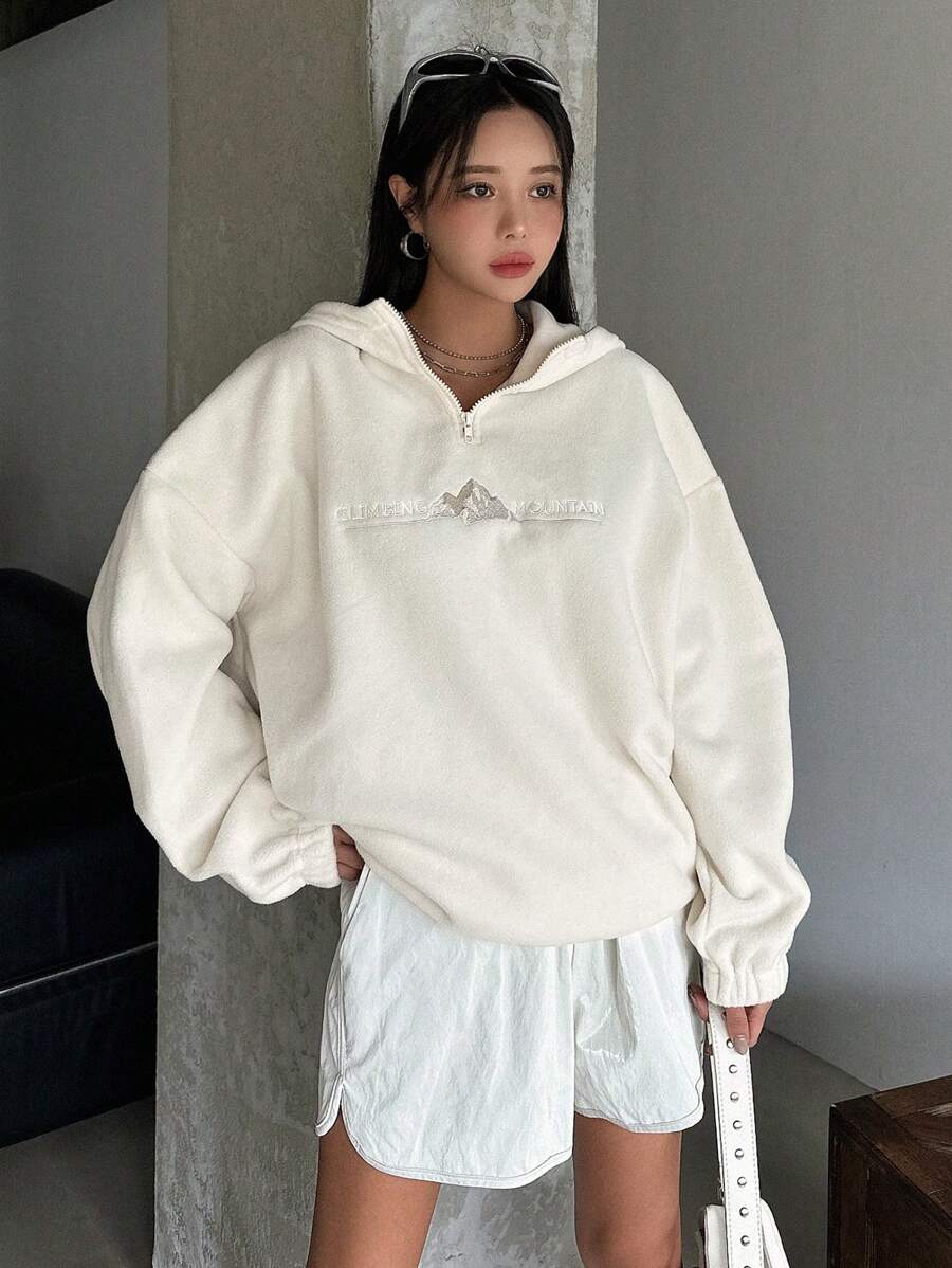 DAZY Letter Embroidery Drop Shoulder Fleece Hoodie,Fall Women Clothes Sweatshirt - White - View 1