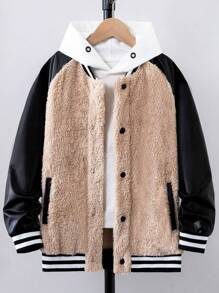 Tween Boy 1pc Contrast PU Leather Raglan Sleeve Striped Trim Teddy Jacket - Black and White - View 1
